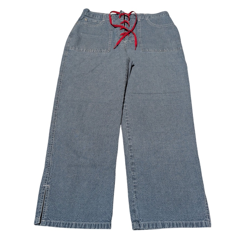 Vintage Gloria Vanderbilt Pants Womens 8 Blue Pinstripe Lace Up Wide Leg Y2K 90s